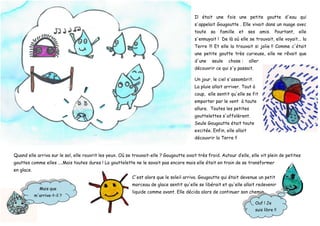 Il était une fois une petite goutte d'eau qui
s'appelait Gougoutte . Elle vivait dans un nuage avec
toute sa famille et ses amis. Pourtant, elle
s'ennuyait ! De là où elle se trouvait, elle voyait... la
Terre !!! Et elle la trouvait si jolie !! Comme c'était
une petite goutte très curieuse, elle ne rêvait que
d'une seule chose : aller
découvrir ce qui s'y passait.
Un jour, le ciel s'assombrit.
La pluie allait arriver. Tout à
coup, elle sentit qu'elle se fit
emporter par le vent à toute
allure. Toutes les petites
gouttelettes s'affolèrent.
Seule Gougoutte était toute
excitée. Enfin, elle allait
découvrir la Terre !!
Quand elle arriva sur le sol, elle rouvrit les yeux. Où se trouvait-elle ? Gougoutte avait très froid. Autour d’elle, elle vit plein de petites
gouttes comme elles ....Mais toutes dures ! La gouttelette ne le savait pas encore mais elle était en train de se transformer
en glace.
C'est alors que le soleil arriva. Gougoutte qui était devenue un petit
morceau de glace sentit qu'elle se libérait et qu'elle allait redevenir
liquide comme avant. Elle décida alors de continuer son chemin.
Mais que
m'arrive-t-il ?
Ouf ! Je
suis libre !!
 