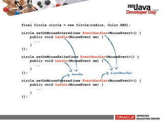 final Circle circle = new Circle(radius, Color.RED);
circle.setOnMouseEntered(new EventHandler<MouseEvent>() {
public void handle(MouseEvent me) {
...
}
});
circle.setOnMouseExited(new EventHandler<MouseEvent>() {
public void handle(MouseEvent me) {
...
}
});
EventHandler
handle
circle.setOnMousePressed(new EventHandler<MouseEvent>() {
public void handle(MouseEvent me) {
...
}
});

 