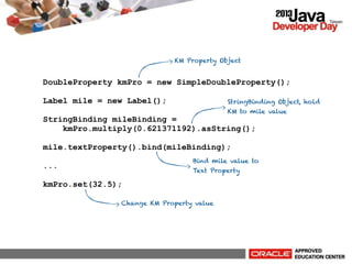 KM Property Object

DoubleProperty kmPro = new SimpleDoubleProperty();
Label mile = new Label();

StringBinding Object, hold
KM to mile value

StringBinding mileBinding =
kmPro.multiply(0.621371192).asString();
mile.textProperty().bind(mileBinding);

Bind mile value to

...

Text Property

kmPro.set(32.5);
Change KM Property value

 