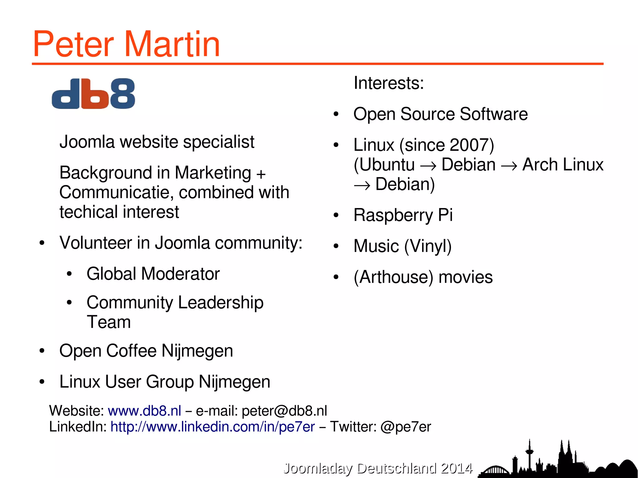 a) Introduction 
● Your own webapplication: programming everything from 
scratch 
● PHP/MySQL/HTML/CSS/JavaScript 
● Joomla component: Joomla = Framework 
● Data to/from database – Database object 
● Layout – Template 
● Rights Management – Access Control List (ACL) 
● MVC → template overrides 
● Plugins – hook into events in own component 
JJoooommllaaddaayy DDeeuuttsscchhllaanndd 22001144 
 