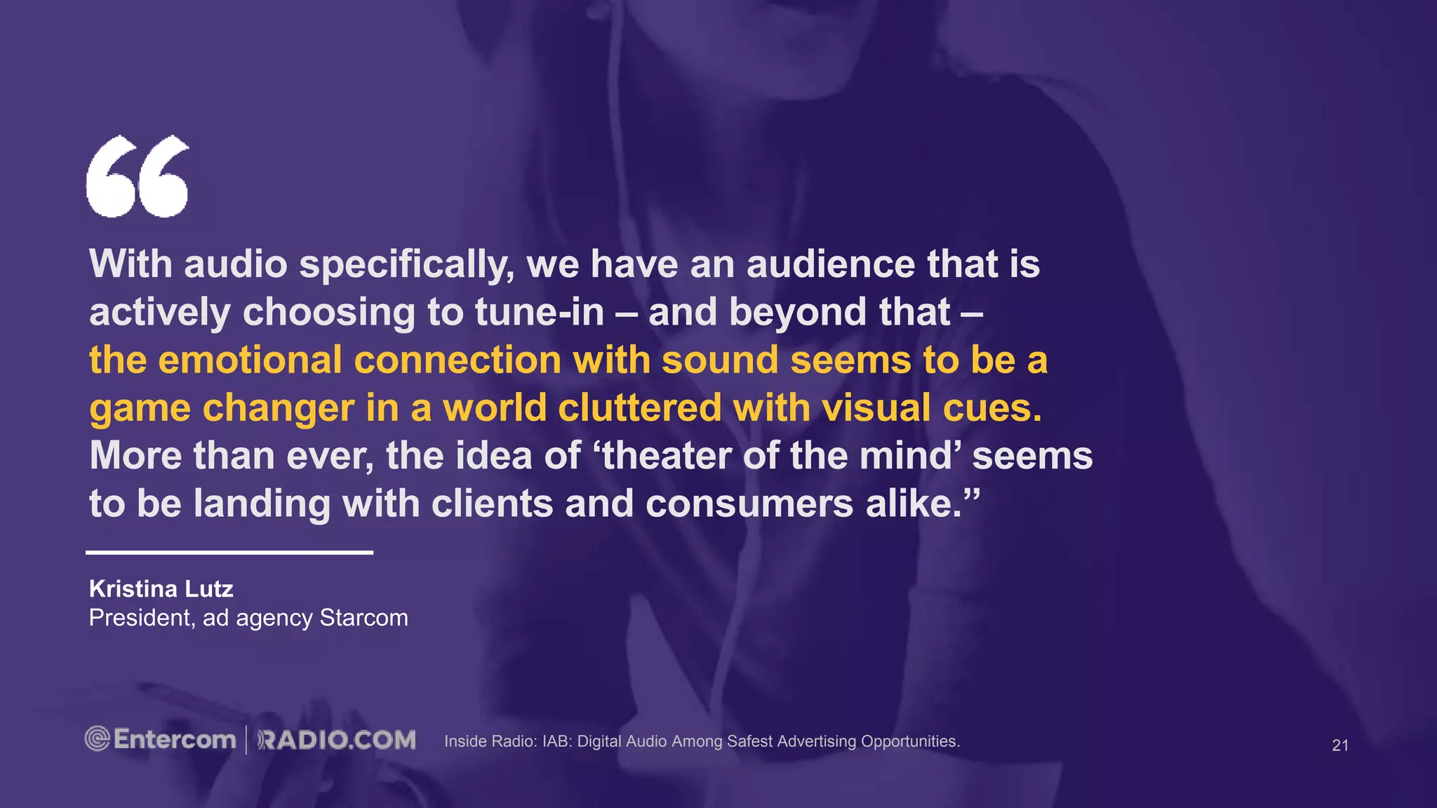 Inside Radio: IAB: Digital Audio Among Safest Advertising Opportunities.
Kristina Lutz
President, ad agency Starcom
With audio specifically, we have an audience that is
actively choosing to tune-in – and beyond that –
the emotional connection with sound seems to be a
game changer in a world cluttered with visual cues.
More than ever, the idea of ‘theater of the mind’ seems
to be landing with clients and consumers alike.”
21
 