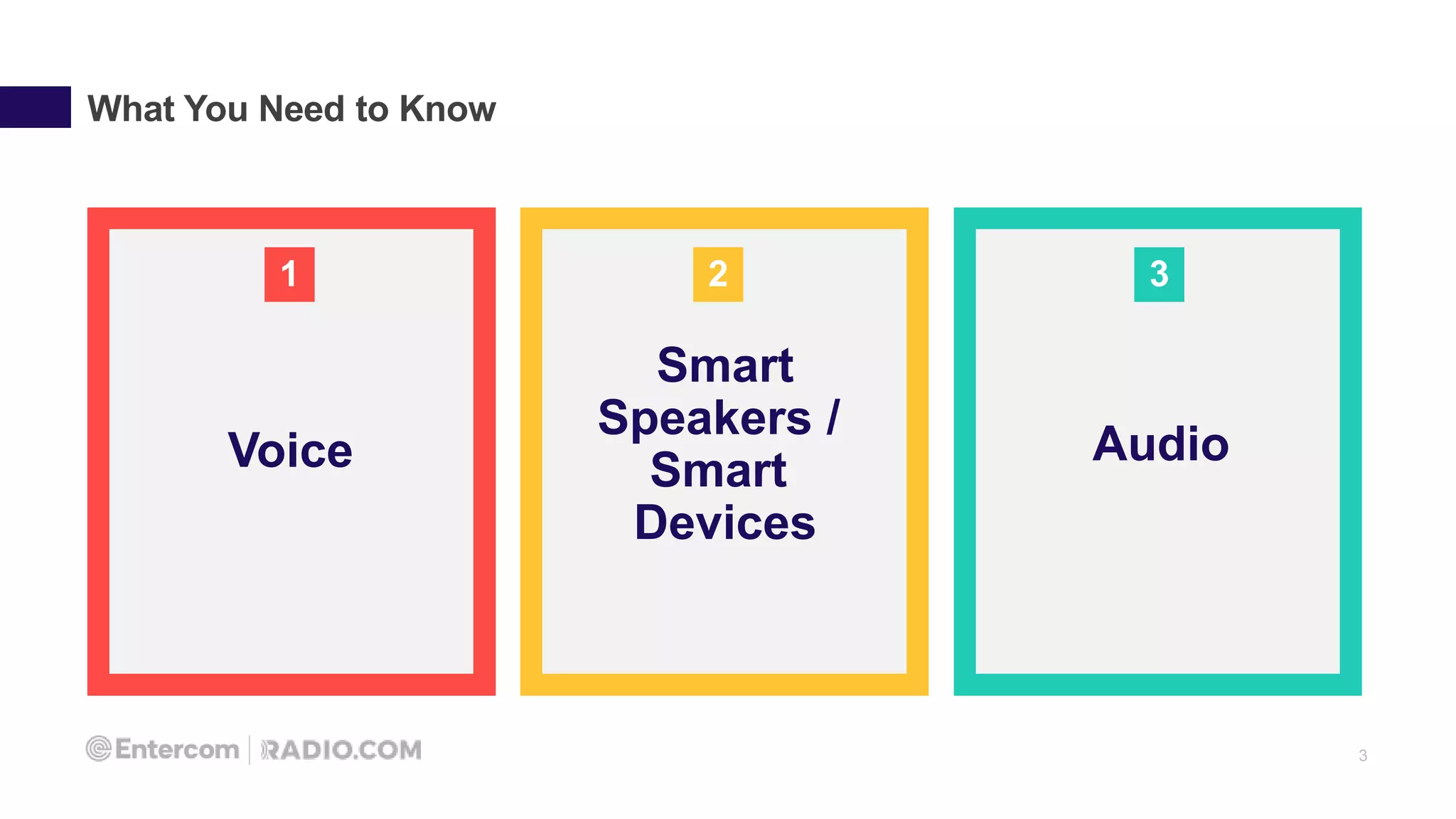 3
What You Need to Know
Voice
Smart
Speakers /
Smart
Devices
Audio
1 2 3
 