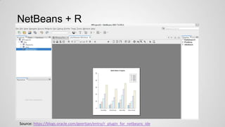 NetBeans + R

Source: https://blogs.oracle.com/geertjan/entry/r_plugin_for_netbeans_ide

 