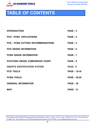 No.85, Railway Station Road,
                                                                                Korattur, Chennai-600 080




TABLE OF CONTENTS


INTRODUCTION                                                                    PAGE - 3

PCD - PCBN APPLICATIONS                                                         PAGE - 4

PCD - PCBN CUTTING RECOMMENDATIONS                                              PAGE - 5

PCD GRADE INFORMATION                                                           PAGE - 6

PCBN GRADE INFORMATION                                                          PAGE - 7

PCD-PCBN GRADE COMPARISON CHART                                                 PAGE - 8

INSERTS IDENTIFICATION SYSTEM                                                   PAGE - 9

PCD TOOLS                                                                       PAGE - 10-19

PCBN TOOLS                                                                      PAGE - 20-29

GENERAL INFORMATION                                                             PAGE - 30

MAP                                                                             PAGE - 31




For Inquiry and Order Placement Please Contact :Admin : 99417 70716, Sales :72999 70716, Off : 044-26258519.
 E-Mail : jai_7kt@yahoo.co.in / jddiamondtools@yahoo.co.in / Web : www.jddiamondtools.com.
                                                   -2-
 