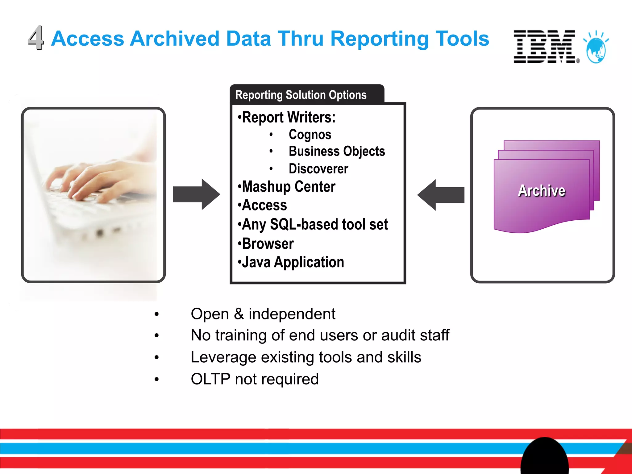 4 Access Archived Data Thru Reporting Tools
                      Reporting Solution Options
                       • Report Writers:
                            •  Cognos
                            •  Business Objects
                            •  Discoverer
                       • Mashup Center                    Archive
                       • Access
                       • Any SQL-based tool set
                       • Browser
                       • Java Application


           •    Open & independent
           •    No training of end users or audit staff
           •    Leverage existing tools and skills
           •    OLTP not required
 