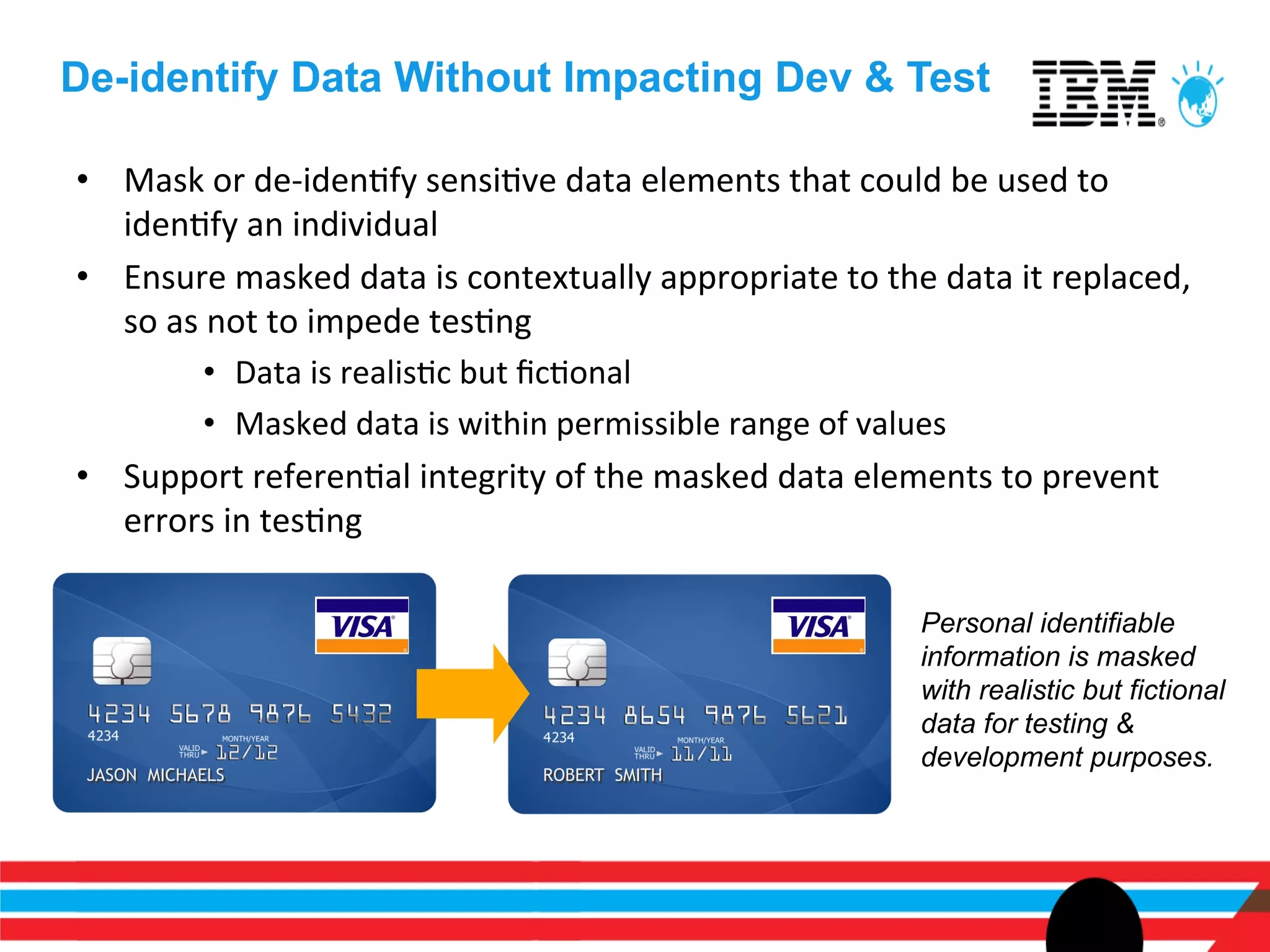 De-identify Data Without Impacting Dev & Test

•  Mask	
  or	
  de-­‐idenEfy	
  sensiEve	
  data	
  elements	
  that	
  could	
  be	
  used	
  to	
  
   idenEfy	
  an	
  individual	
  
•  Ensure	
  masked	
  data	
  is	
  contextually	
  appropriate	
  to	
  the	
  data	
  it	
  replaced,	
  
   so	
  as	
  not	
  to	
  impede	
  tesEng	
  
             •  Data	
  is	
  realisEc	
  but	
  ﬁcEonal	
  
             •  Masked	
  data	
  is	
  within	
  permissible	
  range	
  of	
  values	
  
•  Support	
  referenEal	
  integrity	
  of	
  the	
  masked	
  data	
  elements	
  to	
  prevent	
  
   errors	
  in	
  tesEng	
  	
  

                                                                                 Personal identifiable
                                                                                 information is masked
                                                                                 with realistic but fictional
                                                                                 data for testing &
                                                                                 development purposes.
 JASON MICHAELS                             ROBERT SMITH
 