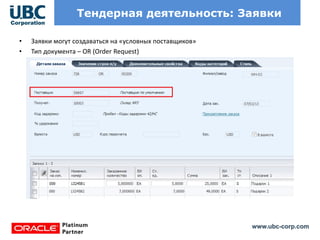 www.ubc-corp.com
Тендерная деятельность: Заявки
• Заявки могут создаваться на «условных поставщиков»
• Тип документа – OR (Order Request)
 