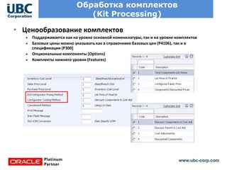 www.ubc-corp.com
Обработка комплектов
(Kit Processing)
• Ценообразование комплектов
Поддерживается как на уровне основной номенклатуры, так и на уровне комплектов
Базовые цены можно указывать как в справочнике базовых цен (Р4106), так и в
спецификации (Р300)
Опциональные компоненты (Options)
Комплекты нижнего уровня (Features)
 