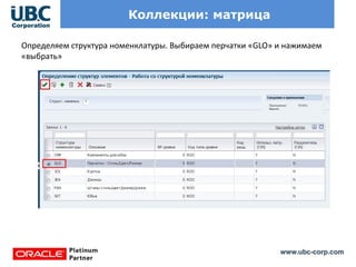 www.ubc-corp.com
Коллекции: матрица
Определяем структура номенклатуры. Выбираем перчатки «GLO» и нажимаем
«выбрать»
 
