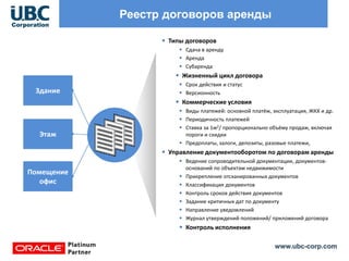 www.ubc-corp.com
Реестр договоров аренды
• Типы договоров
• Сдача в аренду
• Аренда
• Субаренда
• Жизненный цикл договора
• Срок действия и статус
• Версионность
• Коммерческие условия
• Виды платежей: основной платёж, эксплуатация, ЖКХ и др.
• Периодичность платежей
• Ставка за 1м2/ пропорционально объёму продаж, включая
пороги и скидки
• Предоплаты, залоги, депозиты, разовые платежи,
• Управление документооборотом по договорам аренды
• Ведение сопроводительной документации, документов-
оснований по объектам недвижимости
• Прикрепление отсканированных документов
• Классификация документов
• Контроль сроков действия документов
• Задание критичных дат по документу
• Направление уведомлений
• Журнал утверждений положений/ приложений договора
• Контроль исполнения
Здание
Этаж
Помещение
офис
 