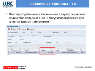 www.ubc-corp.com
Сервисные единицы - ГК
• Все оприходованные и включенные в ваучер сервисные
количества попадают в ГК и могут использоваться для
анализа данных и отчетности
 