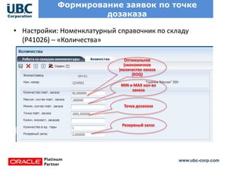 www.ubc-corp.com
Формирование заявок по точке
дозаказа
• Настройки: Номенклатурный справочник по складу
(P41026) – «Количества»
Оптимальное
(экономичное
)количество заказа
(EOQ)
Точка дозаказа
Резервный запас
MIN и MAX кол-во
заказа
 