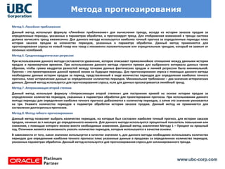 www.ubc-corp.com
Метода прогнозирования
Метод 5. Линейное приближение
Данный метод использует формулу «Линейное приближение» для вычисления тренда, исходя из истории заказов продаж за
определенные периоды, указанные в параметрах обработки, и прогнозирует тренд. Для отображения изменений в тренде система
должна вычислять тренд ежемесячно. Для данного метода используется наиболее точный прогноз за определенные периоды плюс
история заказов продаж за количество периодов, указанных в параметре обработки. Данный метод применяется для
прогнозирования спроса на новый товар или товар с неизменно положительным или отрицательным трендом, который не зависит от
сезонных колебаний.
Метод 6. Среднеквадратическая регрессия
При использовании данного метода составляется уравнение, которое описывает прямолинейное отношение между данными истории
продаж и промежутком времени. При использовании данного метода строится прямая для выбранного интервала данных таким
образом, чтобы сумма квадратов разностей между точками данных фактических продаж и линией регрессии была минимальной.
Прогноз – это проектирование данной прямой линии на будущие периоды. Для прогнозирования спроса с помощью данного метода
необходимы данные истории продаж за период, представленный в виде количества периодов для определения наиболее точного
прогноза, плюс исторические данные за определенное количество периодов. Минимальное требование – два значения исторических
данных. Данный метод используется для прогнозирования спроса, если для данных просматривается линейный тренд.
Метод 7. Аппроксимация второй степени
Данный метод использует формулу «Аппроксимация второй степени» для построения кривой на основе истории продаж за
определенное количество периодов, указанных в параметрах обработки для проектирования прогноза. При использовании данного
метода периоды для определения наиболее точного прогноза добавляются к количеству периодов, а затем это значение умножается
на три. Укажите количество периодов в параметре обработки истории заказов продаж. Данный метод не применяется для
составления долгосрочных прогнозов.
Метод 8. Метод гибкого прогнозирования
Данный метод позволяет выбрать количество периодов, на которые был составлен наиболее точный прогноз, для истории заказов
продаж, начиная за n месяцев до определенного момента. Для данного метода используется процентный показатель повышения или
снижения, с помощью которого можно внести необходимые изменения. Данный метод аналогичен Методу 1 – Процент на прошлый
год. Отличием является возможность указать количество периодов, которые используются в качестве основы.
В зависимости от того, какое значение используется в качестве значения n, для данного метода необходимо использовать количество
периодов для определения наиболее точного прогноза плюс указанные данные о продажах за определенное количество периодов,
указанных параметрах обработки. Данный метод используется для прогнозирования спроса для запланированного тренда.
 