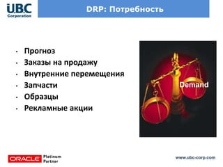www.ubc-corp.com
DRP: Потребность
• Прогноз
• Заказы на продажу
• Внутренние перемещения
• Запчасти
• Образцы
• Рекламные акции
Demand
 