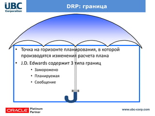 www.ubc-corp.com
DRP: граница
• Точка на горизонте планирования, в которой
производятся изменения расчета плана
• J.D. Edwards содержит 3 типа границ
• Заморожено
• Планируемая
• Сообщение
 