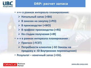 www.ubc-corp.com
DRP: расчет запаса
• «+» в рамках интервала планирования:
 Начальный запас (+BA)
 В заказах на закупку (+PO)
 В производстве (+WO)
 В графике производства (+RS)
 На стадии получения (+IR)
• «-» в рамках интервала планирования :
 Прогноз (-FCST)
 Потребности клиентов (-SO Заказы на
продажу и -ID Внутренние перемещения)
• Результат – конечный запас (=EA).
 