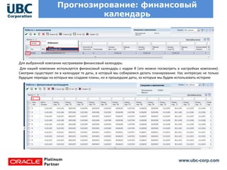 www.ubc-corp.com
Прогнозирование: финансовый
календарь
Для выбранной компании настраиваем финансовый календарь:
Для нашей компании используется финансовый календарь с кодом R (это можно посмотреть в настройках компании).
Смотрим существуют ли в календаре те даты, в который мы собираемся делать планирование. Нас интересую не только
будущие периоды на которые мы создаем планы, но и прошедшие даты, за которые мы будем использовать историю
 