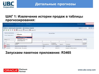 www.ubc-corp.com
Детальные прогнозы
ШАГ 1: Извлечение истории продаж в таблицы
прогнозирования:
Запускаем пакетное приложение: R3465
 