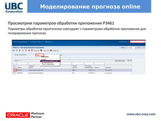 www.ubc-corp.com
Моделирование прогноза online
Просмотрим параметров обработки приложения P3461
Параметры обработки практически совпадают с параметрами обработки приложения для
генерирования прогноза.
 
