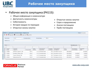 www.ubc-corp.com
Рабочее место закупщика
• Рабочее место закупщика (Р4115):
Общая информация о номенклатуре
Доступность номенклатуры
Себестоимость
История продаж по периодам
Открытые заказы закупки
Открытые заказы закупки
Спрос и предложение
Анализ поставщика
Прайс поставщика
 