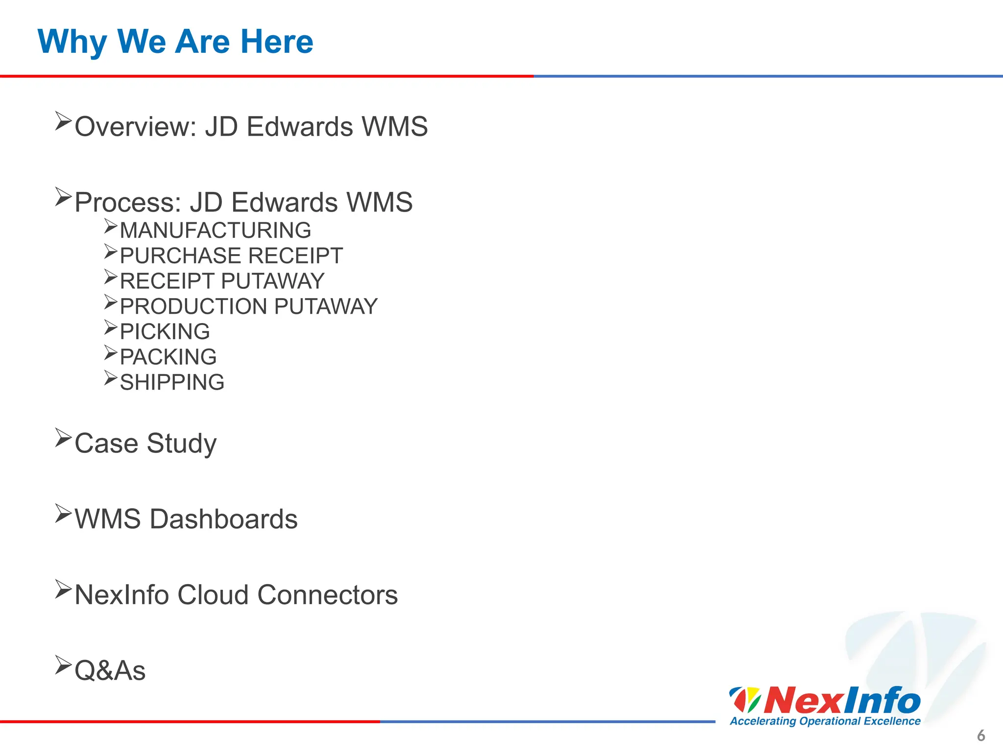 Why We Are Here
Overview: JD Edwards WMS
Process: JD Edwards WMS
MANUFACTURING
PURCHASE RECEIPT
RECEIPT PUTAWAY
PRODUCTION PUTAWAY
PICKING
PACKING
SHIPPING
Case Study
WMS Dashboards
NexInfo Cloud Connectors
Q&As
6
 
