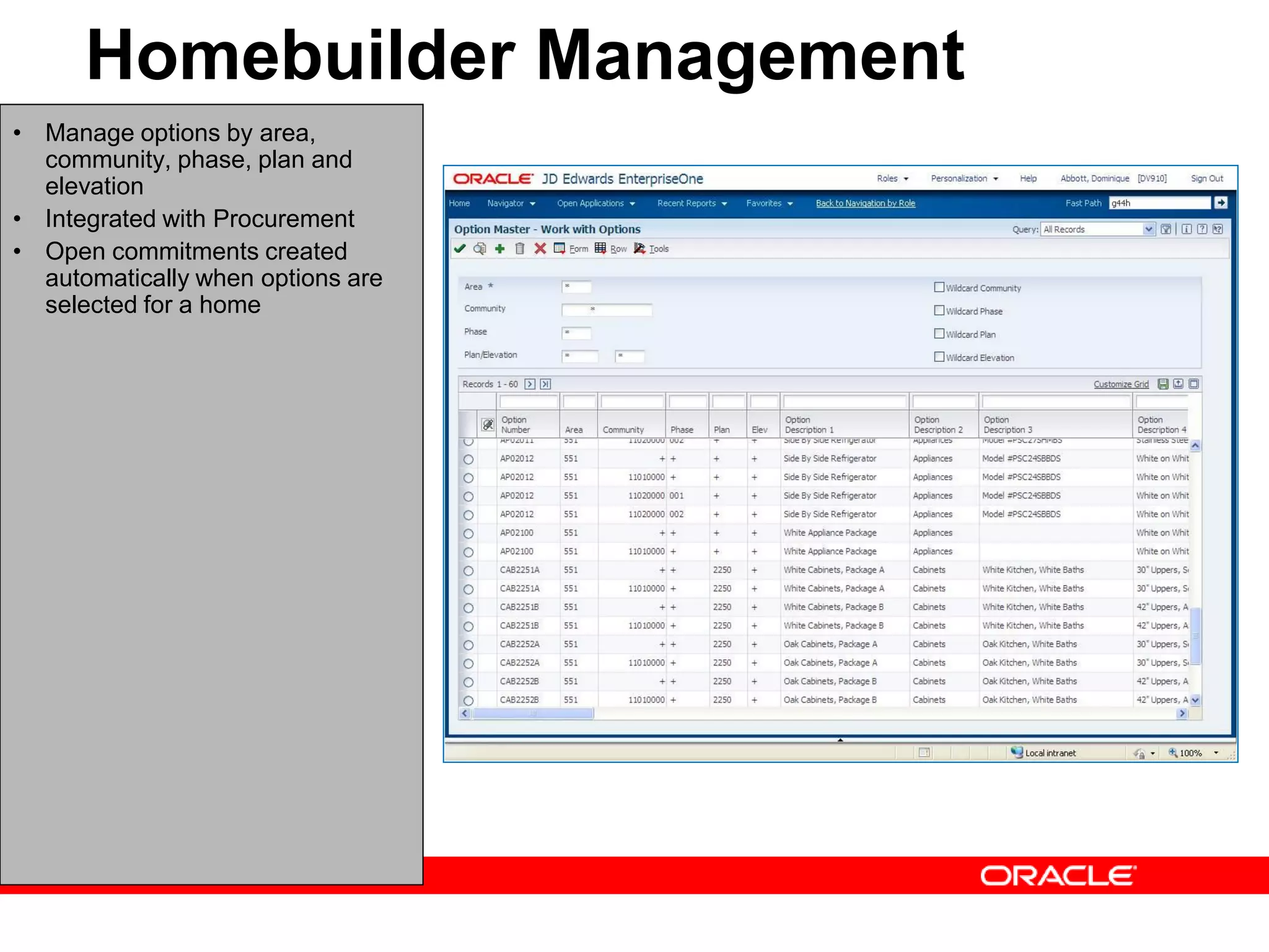 • Manage options by area,
community, phase, plan and
elevation
• Integrated with Procurement
• Open commitments created
automatically when options are
selected for a home
Homebuilder Management
 