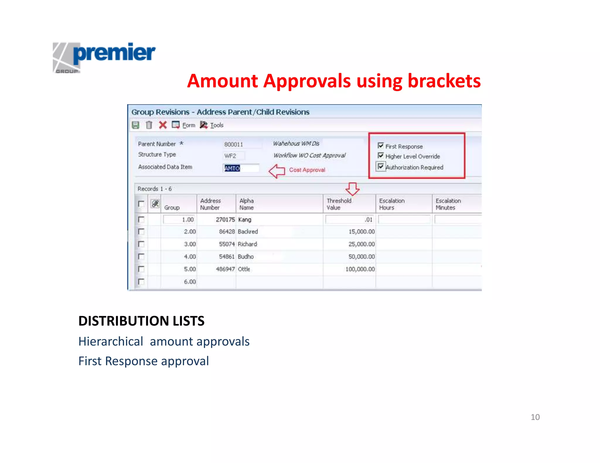 Amount Approvals using brackets

DISTRIBUTION LISTS
Hierarchical amount approvals
First Response approval

10

 