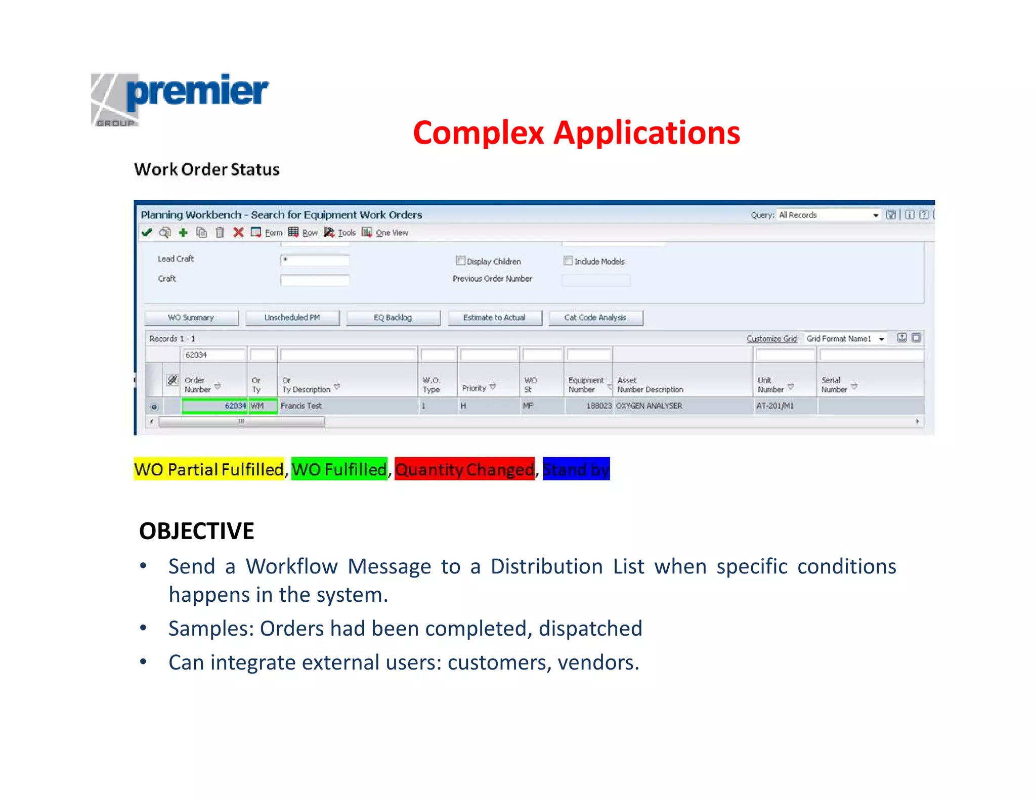 Complex Applications

OBJECTIVE
• Send a Workflow Message to a Distribution List when specific conditions
happens in the system.
• Samples: Orders had been completed, dispatched
• Can integrate external users: customers, vendors.

 