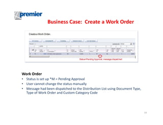 Business Case: Create a Work Order

Work Order
• Status is set up *M = Pending Approval
• User cannot change the status manually
• Message had been dispatched to the Distribution List using Document Type,
Type of Work Order and Custom Category Code

14

 
