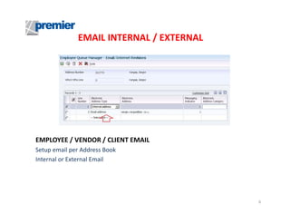 EMAIL INTERNAL / EXTERNAL

EMPLOYEE / VENDOR / CLIENT EMAIL
Setup email per Address Book
Internal or External Email

6

 