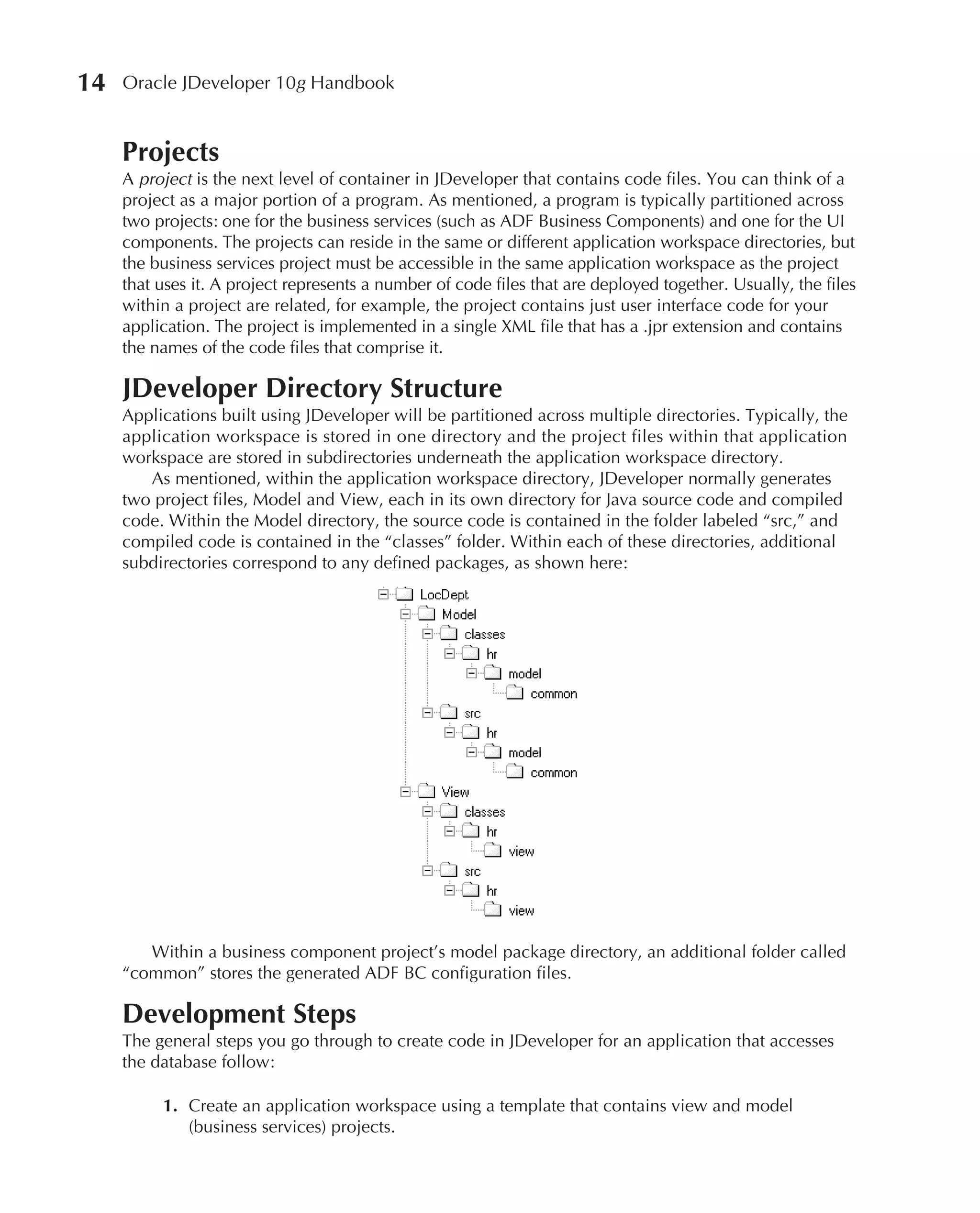 14   Oracle JDeveloper 10g Handbook


     Projects
     A project is the next level of container in JDeveloper that contains code files. You can think of a
     project as a major portion of a program. As mentioned, a program is typically partitioned across
     two projects: one for the business services (such as ADF Business Components) and one for the UI
     components. The projects can reside in the same or different application workspace directories, but
     the business services project must be accessible in the same application workspace as the project
     that uses it. A project represents a number of code files that are deployed together. Usually, the files
     within a project are related, for example, the project contains just user interface code for your
     application. The project is implemented in a single XML file that has a .jpr extension and contains
     the names of the code files that comprise it.

     JDeveloper Directory Structure
     Applications built using JDeveloper will be partitioned across multiple directories. Typically, the
     application workspace is stored in one directory and the project files within that application
     workspace are stored in subdirectories underneath the application workspace directory.
        As mentioned, within the application workspace directory, JDeveloper normally generates
     two project files, Model and View, each in its own directory for Java source code and compiled
     code. Within the Model directory, the source code is contained in the folder labeled “src,” and
     compiled code is contained in the “classes” folder. Within each of these directories, additional
     subdirectories correspond to any defined packages, as shown here:




        Within a business component project’s model package directory, an additional folder called
     “common” stores the generated ADF BC configuration files.

     Development Steps
     The general steps you go through to create code in JDeveloper for an application that accesses
     the database follow:

          1. Create an application workspace using a template that contains view and model
             (business services) projects.
 