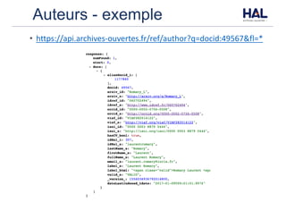 Auteurs - exemple
• https://api.archives-ouvertes.fr/ref/author?q=docid:49567&fl=*
 
