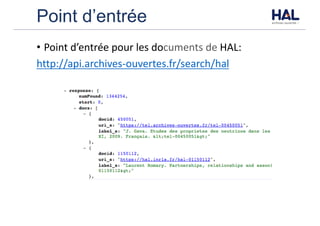 Point d’entrée
• Point	d’entrée	pour	les	documents	de	HAL:
http://api.archives-ouvertes.fr/search/hal
 