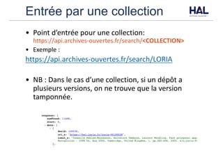 Entrée par une collection
• Point	d’entrée	pour	une	collection:
https://api.archives-ouvertes.fr/search/<COLLECTION>	
• Exemple	:
https://api.archives-ouvertes.fr/search/LORIA
• NB	:	Dans	le	cas	d’une	collection,	si	un	dépôt	a	
plusieurs	versions,	on	ne	trouve	que	la	version	
tamponnée.
 