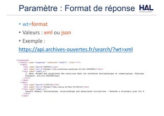 Paramètre : Format de réponse
• wt=format
• Valeurs	:	xml ou	json
• Exemple	:
https://api.archives-ouvertes.fr/search/?wt=xml
 