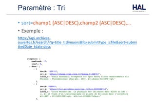 Paramètre : Tri
• sort=champ1	(ASC|DESC),champ2	(ASC|DESC),…
• Exemple	:	
https://api.archives-
ouvertes.fr/search/?q=title_t:dimuons&fq=submitType_s:file&sort=submi
ttedDate_tdate	desc
 