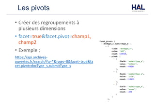 Les pivots
• Créer	des	regroupements	à	
plusieurs	dimensions
• facet=true&facet.pivot=champ1,
champ2
• Exemple	:	
https://api.archives-
ouvertes.fr/search/?q=*&rows=0&facet=true&fa
cet.pivot=docType_s,submitType_s
 