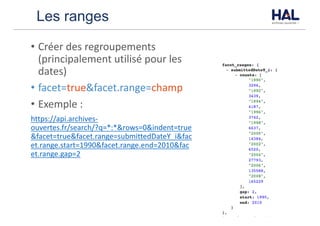 Les ranges
• Créer	des	regroupements	
(principalement	utilisé	pour	les	
dates)
• facet=true&facet.range=champ
• Exemple	:	
https://api.archives-
ouvertes.fr/search/?q=*:*&rows=0&indent=true
&facet=true&facet.range=submittedDateY_i&fac
et.range.start=1990&facet.range.end=2010&fac
et.range.gap=2
 
