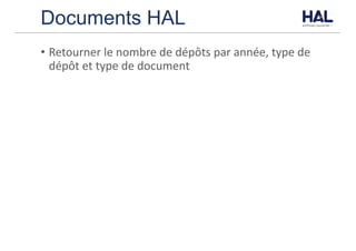 Documents HAL
• Retourner	le	nombre	de	dépôts	par	année,	type	de	
dépôt	et	type	de	document
 