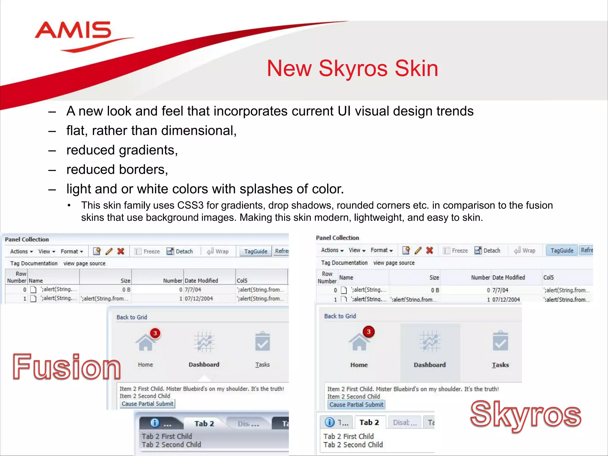 New Skyros Skin
– A new look and feel that incorporates current UI visual design trends
– flat, rather than dimensional,
– reduced gradients,
– reduced borders,
– light and or white colors with splashes of color.
• This skin family uses CSS3 for gradients, drop shadows, rounded corners etc. in comparison to the fusion
skins that use background images. Making this skin modern, lightweight, and easy to skin.
 