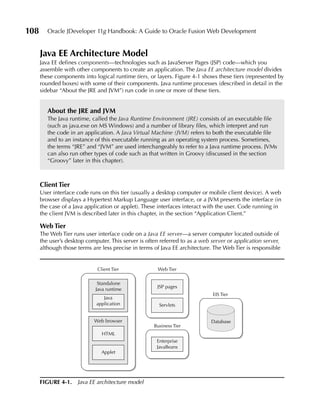 108      Oracle JDeveloper 11g Handbook: A Guide to Oracle Fusion Web Development


      Java EE Architecture Model
      Java EE defines components—technologies such as JavaServer Pages (JSP) code—which you
      assemble with other components to create an application. The Java EE architecture model divides
      these components into logical runtime tiers, or layers. Figure 4-1 shows these tiers (represented by
      rounded boxes) with some of their components. Java runtime processes (described in detail in the
      sidebar “About the JRE and JVM”) run code in one or more of these tiers.


         About the JRE and JVM
         The Java runtime, called the Java Runtime Environment (JRE) consists of an executable file
         (such as java.exe on MS Windows) and a number of library files, which interpret and run
         the code in an application. A Java Virtual Machine (JVM) refers to both the executable file
         and to an instance of this executable running as an operating system process. Sometimes,
         the terms “JRE” and “JVM” are used interchangeably to refer to a Java runtime process. JVMs
         can also run other types of code such as that written in Groovy (discussed in the section
         “Groovy” later in this chapter).



      Client Tier
      User interface code runs on this tier (usually a desktop computer or mobile client device). A web
      browser displays a Hypertext Markup Language user interface, or a JVM presents the interface (in
      the case of a Java application or applet). These interfaces interact with the user. Code running in
      the client JVM is described later in this chapter, in the section “Application Client.”

      Web Tier
      The Web Tier runs user interface code on a Java EE server—a server computer located outside of
      the user’s desktop computer. This server is often referred to as a web server or application server,
      although those terms are less precise in terms of Java EE architecture. The Web Tier is responsible


                             Client Tier               Web Tier

                              Standalone
                                                      JSP pages
                             Java runtime
                                                                             EIS Tier
                                Java
                             application               Servlets


                            Web browser                                      Database
                                                     Business Tier
                               HTML
                                                      Enterprise
                                                      JavaBeans
                               Applet




      FIGuRE 4-1. Java EE architecture model
 