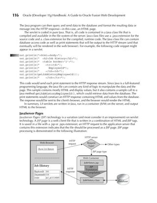 116     Oracle JDeveloper 11g Handbook: A Guide to Oracle Fusion Web Development


      The Java program can then query and send data to the database and format the resulting data or
      message into the HTTP response—in this case, an HTML page.
          The servlet is coded in pure Java. That is, all code is contained in a Java class file that is
      compiled and available in the file system of the server. Java class files use a .java extension for the
      source code and a .class extension for the compiled, runtime code. The Java class file can contain
      database access code as well as print statements that will be output to the HTTP stream (and that
      eventually will be rendered in the web browser). For example, the following code snippet might
      appear in a servlet:
      out.println("<html><body>");
      out.println(" <h2>Job History</h2>");
      out.println(" <table border='1'>");
      out.println("    <tr><td>");
      out.println("      EmployeeId");
      out.println("    </td><td>");
      out.println(getJobHistoryEmployeeId());
      out.println("    </td></tr>");

      This code would send each print statement to the HTTP response stream. Since Java is a full-featured
      programming language, the Java file can contain any kind of logic to manipulate the data and the
      page. This sample contains mostly HTML and display values, but it also contains a sample call to a
      Java method getJobHistoryEmployeeId(), which could retrieve data from the database. The
      print statements would construct an HTTP response containing HTML and values from the database.
      The response would be sent to the client’s browser, and the browser would render the HTML.
          In summary, UI servlets are written in Java, run in a container (JVM) on the server, and output
      HTML to the browser.

      JavaServer Pages
      JavaServer Pages (JSP) technology is a variation (and most consider it an improvement) on servlet
      technology. A JSP page is a web client file that is written in a combination of HTML and JSP tags.
      It is saved in a file with a .jsp or .jspx extension; an HTTP request to the application server that
      contains this extension indicates that the file should be processed as a JSP page. JSP page
      processing is demonstrated in the following illustration:

                                                              HTTP server
                                                 HTTP
                       Web Browser              request         Request
                                                                                     Other types
                                                                 Type?

                                                                     JSP page type

                                                            Web Container
                                                             JobHistory.jsp
                                                                  JSP
                                               HTTP           Translation
                                             response       and Compilation


                                                            JobHistory.class                  Database
 