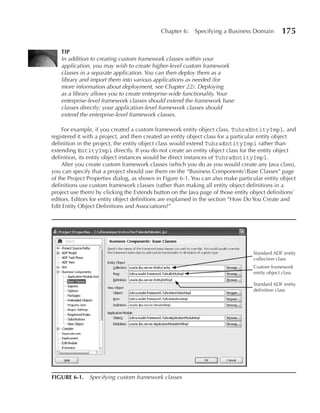 Chapter 6:    Specifying a Business Domain         175

    TIP
    In addition to creating custom framework classes within your
    application, you may wish to create higher-level custom framework
    classes in a separate application. You can then deploy them as a
    library and import them into various applications as needed (for
    more information about deployment, see Chapter 22). Deploying
    as a library allows you to create enterprise-wide functionality. Your
    enterprise-level framework classes should extend the framework base
    classes directly; your application-level framework classes should
    extend the enterprise-level framework classes.

     For example, if you created a custom framework entity object class, TuhraEntityImpl, and
registered it with a project, and then created an entity object class for a particular entity object
definition in the project, the entity object class would extend TuhraEntityImpl rather than
extending EntityImpl directly. If you do not create an entity object class for the entity object
definition, its entity object instances would be direct instances of TuhraEntityImpl.
     After you create custom framework classes (which you do as you would create any Java class),
you can specify that a project should use them on the “Business ComponentsBase Classes” page
of the Project Properties dialog, as shown in Figure 6-1. You can also make particular entity object
definitions use custom framework classes (rather than making all entity object definitions in a
project use them) by clicking the Extends button on the Java page of those entity object definitions’
editors. Editors for entity object definitions are explained in the section “How Do You Create and
Edit Entity Object Definitions and Associations?”




                                                                                   Standard ADF entity
                                                                                   collection class
                                                                                   Custom framework
                                                                                   entity object class

                                                                                   Standard ADF entity
                                                                                   definition class




FIGuRE 6-1. Specifying custom framework classes
 