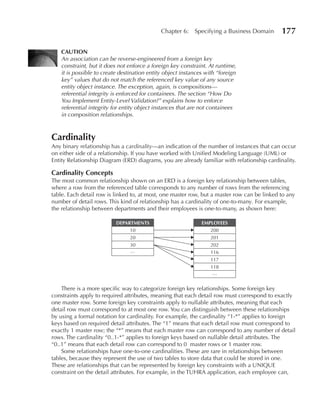 Chapter 6:    Specifying a Business Domain      177

   CAuTION
   An association can be reverse-engineered from a foreign key
   constraint, but it does not enforce a foreign key constraint. At runtime,
   it is possible to create destination entity object instances with “foreign
   key” values that do not match the referenced key value of any source
   entity object instance. The exception, again, is compositions—
   referential integrity is enforced for containees. The section “How Do
   You Implement Entity-Level Validation?” explains how to enforce
   referential integrity for entity object instances that are not containees
   in composition relationships.



Cardinality
Any binary relationship has a cardinality—an indication of the number of instances that can occur
on either side of a relationship. If you have worked with Unified Modeling Language (UML) or
Entity Relationship Diagram (ERD) diagrams, you are already familiar with relationship cardinality.

Cardinality Concepts
The most common relationship shown on an ERD is a foreign key relationship between tables,
where a row from the referenced table corresponds to any number of rows from the referencing
table. Each detail row is linked to, at most, one master row, but a master row can be linked to any
number of detail rows. This kind of relationship has a cardinality of one-to-many. For example,
the relationship between departments and their employees is one-to-many, as shown here:

                          DEPARTMENTS                         EMPLOYEES
                               10                                200
                               20                                201
                               30                                202
                               …                                 116
                                                                 117
                                                                 118
                                                                  …


    There is a more specific way to categorize foreign key relationships. Some foreign key
constraints apply to required attributes, meaning that each detail row must correspond to exactly
one master row. Some foreign key constraints apply to nullable attributes, meaning that each
detail row must correspond to at most one row. You can distinguish between these relationships
by using a formal notation for cardinality. For example, the cardinality “1-*” applies to foreign
keys based on required detail attributes. The “1” means that each detail row must correspond to
exactly 1 master row; the “*” means that each master row can correspond to any number of detail
rows. The cardinality “0..1-*” applies to foreign keys based on nullable detail attributes. The
“0..1” means that each detail row can correspond to 0 master rows or 1 master row.
    Some relationships have one-to-one cardinalities. These are rare in relationships between
tables, because they represent the use of two tables to store data that could be stored in one.
These are relationships that can be represented by foreign key constraints with a UNIQUE
constraint on the detail attributes. For example, in the TUHRA application, each employee can,
 