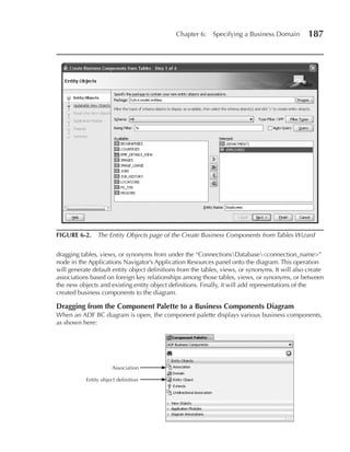 Chapter 6:    Specifying a Business Domain         187




FIGuRE 6-2. The Entity Objects page of the Create Business Components from Tables Wizard


dragging tables, views, or synonyms from under the “ConnectionsDatabase<connection_name>”
node in the Applications Navigator’s Application Resources panel onto the diagram. This operation
will generate default entity object definitions from the tables, views, or synonyms. It will also create
associations based on foreign key relationships among those tables, views, or synonyms, or between
the new objects and existing entity object definitions. Finally, it will add representations of the
created business components to the diagram.

Dragging from the Component Palette to a Business Components Diagram
When an ADF BC diagram is open, the component palette displays various business components,
as shown here:




                      Association

           Entity object definition
 