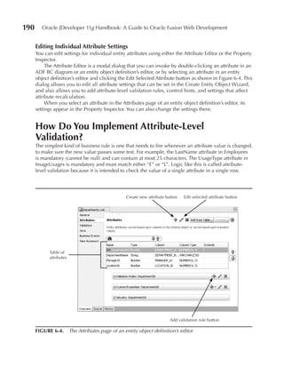 190      Oracle JDeveloper 11g Handbook: A Guide to Oracle Fusion Web Development


      Editing Individual Attribute Settings
      You can edit settings for individual entity attributes using either the Attribute Editor or the Property
      Inspector.
           The Attribute Editor is a modal dialog that you can invoke by double-clicking an attribute in an
      ADF BC diagram or an entity object definition’s editor, or by selecting an attribute in an entity
      object definition’s editor and clicking the Edit Selected Attribute button as shown in Figure 6-4. This
      dialog allows you to edit all attribute settings that can be set in the Create Entity Object Wizard,
      and also allows you to add attribute-level validation rules, control hints, and settings that affect
      attribute recalculation.
           When you select an attribute in the Attributes page of an entity object definition’s editor, its
      settings appear in the Property Inspector. You can also change the settings there.


      How Do You Implement Attribute-Level
      Validation?
      The simplest kind of business rule is one that needs to fire whenever an attribute value is changed,
      to make sure the new value passes some test. For example, the LastName attribute in Employees
      is mandatory (cannot be null) and can contain at most 25 characters. The UsageType attribute in
      ImageUsages is mandatory and must match either “E” or “L”. Logic like this is called attribute-
      level validation because it is intended to check the value of a single attribute in a single row.




                                                 Create new attribute button   Edit selected attribute button




            Table of
            attributes




                                                                        Add validation rule button

      FIGuRE 6-4. The Attributes page of an entity object definition’s editor
 