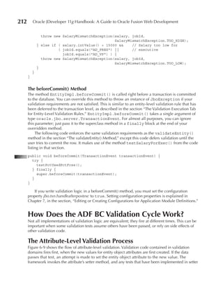 212       Oracle JDeveloper 11g Handbook: A Guide to Oracle Fusion Web Development


                throw new SalaryMismatchException(salary, jobId,
                                                  SalaryMismatchException.TOO_HIGH);
              } else if ( salary.intValue() < 15000 &&    // Salary too low for
                        ( jobId.equals("AD_PRES") ||      // executive
                          jobId.equals("AD_VP") ) {
                throw new SalaryMismatchException(salary, jobId,
                                                  SalaryMismatchException.TOO_LOW);
              }
          }
      }


      The beforeCommit() Method
      The method EntityImpl.beforeCommit() is called right before a transaction is committed
      to the database. You can override this method to throw an instance of JboException if your
      validation requirements are not satisfied. This is similar to an entity-level validation rule that has
      been deferred to the transaction level, as described in the section “The Validation Execution Tab
      for Entity-Level Validation Rules.” EntityImpl.beforeCommit() takes a single argument of
      type oracle.jbo.server.TransactionEvent. For almost all purposes, you can ignore
      this parameter; just pass it to the superclass method in a finally block at the end of your
      overridden method.
           The following code enforces the same validation requirements as the validateEntity()
      method in the section “The validateEntity() Method,” except this code defers validation until the
      user tries to commit the row. It makes use of the method testSalaryForExec() from the code
      listing in that section.
      public void beforeCommit(TransactionEvent transactionEvent) {
        try {
          testPctUsedPctFree();
        } finally {
          super.beforeCommit(transactionEvent);
        }
      }

         If you write validation logic in a beforeCommit() method, you must set the configuration
      property jbo.txn.handleafterpostexc to true. Setting configuration properties is explained in
      Chapter 7, in the section, “Editing or Creating Configurations for Application Module Definitions.”


      How Does the ADF BC Validation Cycle Work?
      Not all implementations of validation logic are equivalent; they fire at different times. This can be
      important when some validation tests assume others have been passed, or rely on side effects of
      other validation code.

      The Attribute-Level Validation Process
      Figure 6-9 shows the flow of attribute-level validation. Validation code contained in validation
      domains fires first, when the new values for entity object attributes are first created. If the data
      passes that test, an attempt is made to set the entity object attribute to the new value. The
      framework invokes the attribute’s setter method, and any tests that have been implemented in setter
 