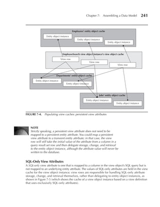 Chapter 7: Assembling a Data Model                    241


                                            Employees’ entity object cache

                  Entity object instance
                                                Entity object instance
                                                                             Entity object instance



                                  EmployeeSearch view object instance’s view object cache

                                 View row
                                                              View row
                                                                                      View row



                            Departments’ entity object cache

        Entity object instance
                                     Entity object instance



                                                                     Jobs’ entity object cache

                                                        Entity object instance
                                                                                     Entity object instance



FIGuRe 7-4. Populating view caches: persistent view attributes



    NOTe
    Strictly speaking, a persistent view attribute does not need to be
    mapped to a persistent entity attribute. You could map a persistent
    view attribute to a transient entity attribute; in that case, the view
    row will still take the initial value of the attribute from a column in a
    query result set row and then delegate storage, change, and retrieval
    to the entity object instance, although the attribute value will never be
    written to the database.


SQL-Only View Attributes
A SQL-only view attribute is one that is mapped to a column in the view object’s SQL query but is
not mapped to an underlying entity attribute. The values of SQL-only attributes are held in the view
cache for the view object instance; view rows are responsible for handling SQL-only attribute
storage, change, and retrieval themselves, rather than delegating to entity object instances, as
shown in Figure 7-5 (which shows the cache of a view object instance based on a view definition
that uses exclusively SQL-only attributes).
 