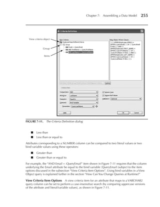 Chapter 7: Assembling a Data Model         255




  View criteria object


               Group


                Items




FIGuRe 7-11. The Criteria Definition dialog


    ■    Less than
    ■    Less than or equal to

Attributes corresponding to a NUMBER column can be compared to two literal values or two
bind variable values using these operators:

    ■    Greater than
    ■    Greater than or equal to

For example, the “AND Email = :QueryEmail” item shown in Figure 7-11 requires that the column
underlying the Email attribute be equal to the bind variable :QueryEmail (subject to the item
options discussed in the subsection “View Criteria Item Options”. Using bind variables in a View
Object query is explained further in the section “How Can You Change Queries at Runtime?”

View Criteria Item Options A view criteria item for an attribute that maps to a VARCHAR2
query column can be set to perform a case-insensitive search (by comparing uppercase versions
of the attribute and literal/variable values), as shown in Figure 7-11.
 