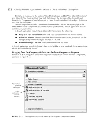 272      Oracle JDeveloper 11g Handbook: A Guide to Oracle Fusion Web Development


          Similarly, as explained in the sections “How Do You Create and Edit View Object Definitions”
      and “How Do You Create and Edit View Link Definitions,” the first page of the Create Default
      Data Model Components Wizard allows you to create default entity-based view object definitions
      and view link definitions.
          The fifth page of the Business Components from Tables Wizard and the second page of the
      Default Data Model Components Wizard each allow you to create a default application module
      definition, if you want to.
          A default application module has a data model that contains the following:

          ■     A top-level view object instance for each view object definition the wizard creates
          ■     A view link instance for every view link definition the wizard creates, which will use the
                appropriate top-level view object instance as a master
          ■     A detail view object instance for each of the view link instances

      A default application module definition’s data model will be at most two levels deep; no details of
      details will be created by default.

      Dragging from the Component Palette to a Business Components Diagram
      When an ADF BC diagram is open, the Component Palette shows various Business Components,
      as shown in Figure 7-13.




      Application
         module
       definition

          Nested
      application
         module
        instance




      FIGuRe 7-13. The Application Module panel of the Diagram Component Palette
 